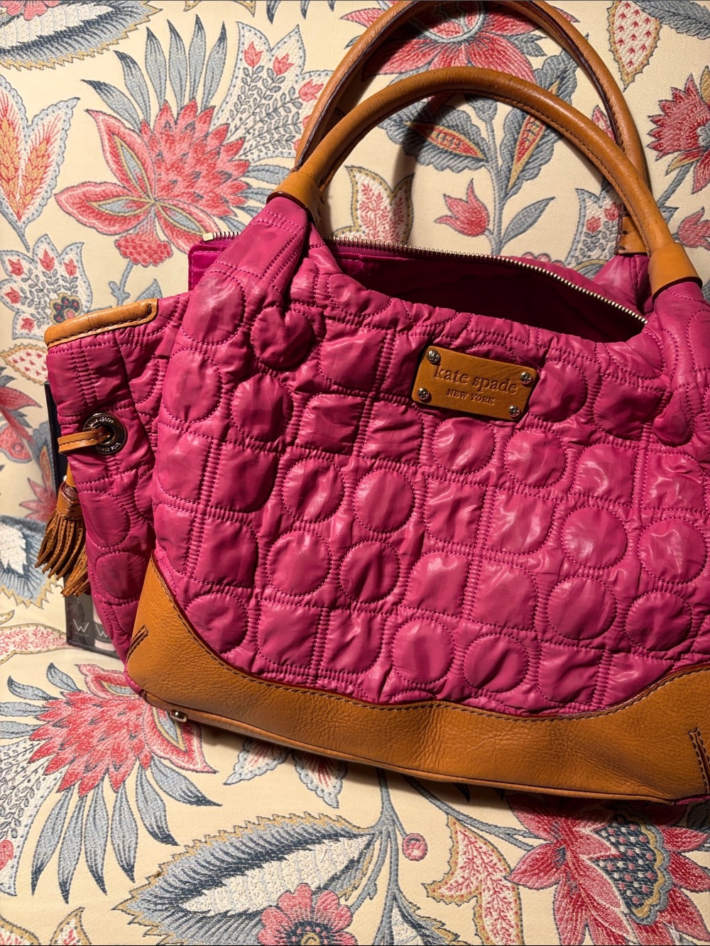 kate spade Hot Pink Quilted Hobo Shoulder Bag w/Tan Leather Trim 12”x9”x6” AS IS